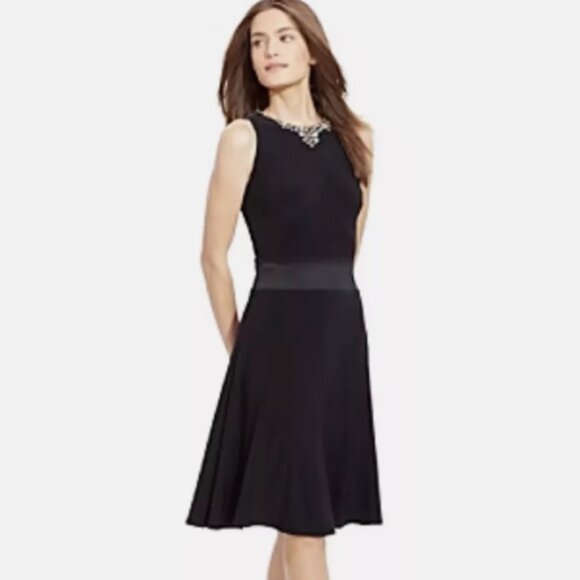 Ralph Lauren Black Dress Size 12 Sleeveless Embellished Neckline Fit & Flare - Picture 2 of 15